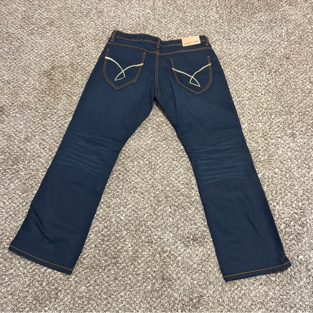 Y2K Franky Max Jeans Mens 38x32 Dark Wash Blue Denim Waxed Cotton Stretch Zip